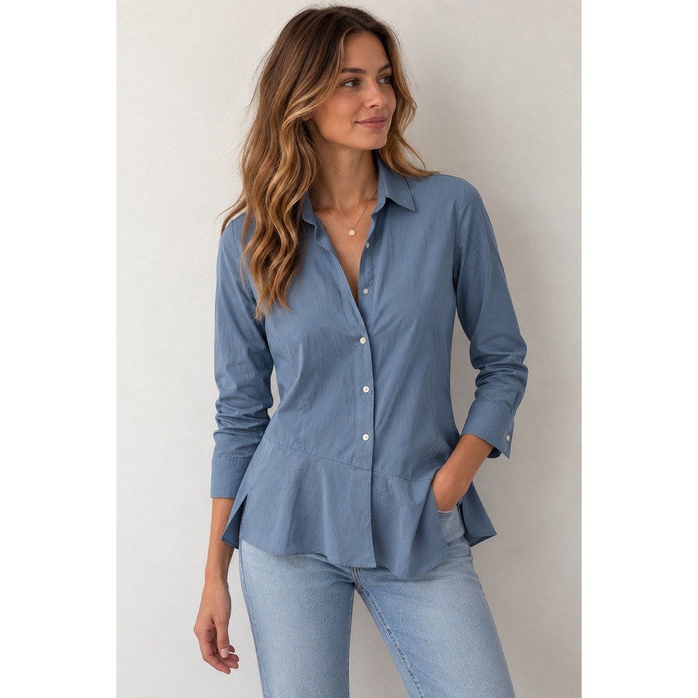 Pure DKNY Minimalist Preppy Cotton Blend Asymmetric Hem Button Down Shirt Small